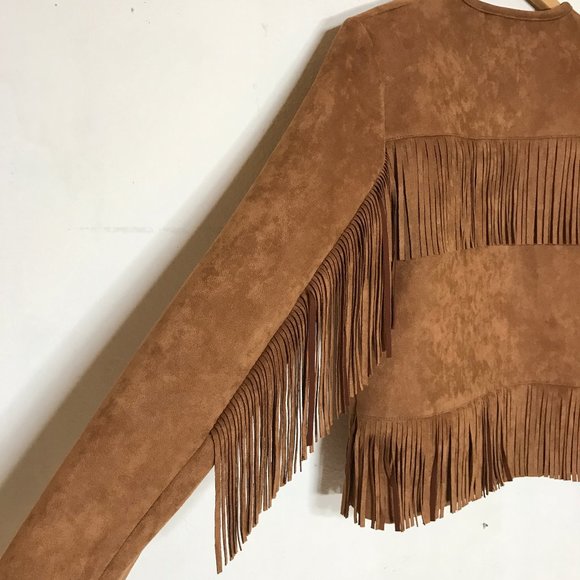 MOTHER On The Fringe Faux Suede Fringed Western Style Boho Crop Jacket Sz XS - Picture 13 of 16